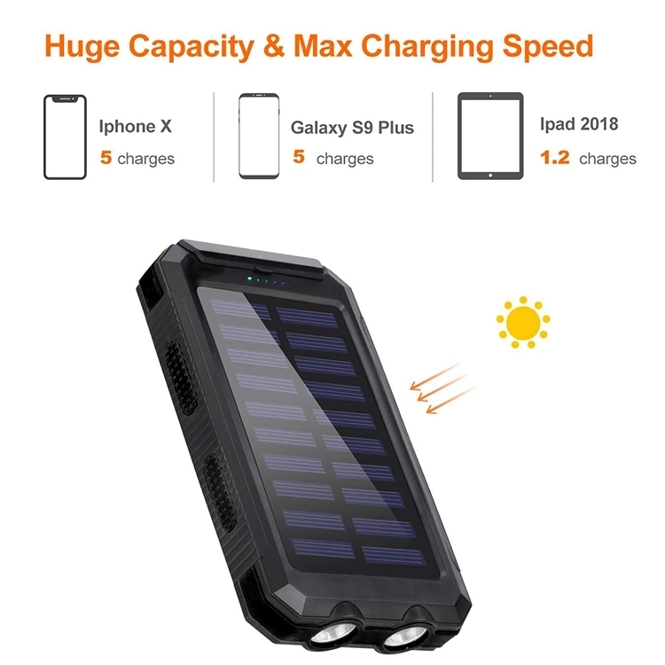 Waterproof Solar Power Bank 8000mAh Mobile Charger Portable Battery with LED Torch and Compass