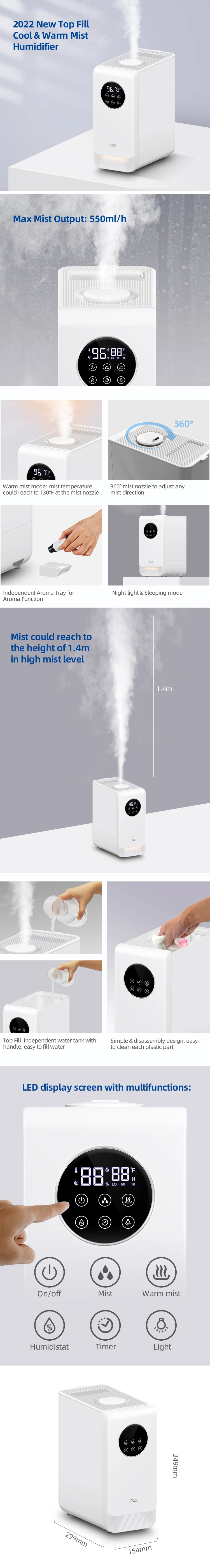 Go-2265h Smart WiFi Hybrid Cool and Warm Mist Large Capacity 6.5L Aroma Air Purifier Diffuser Humidifier with LED Aromatherapy Light