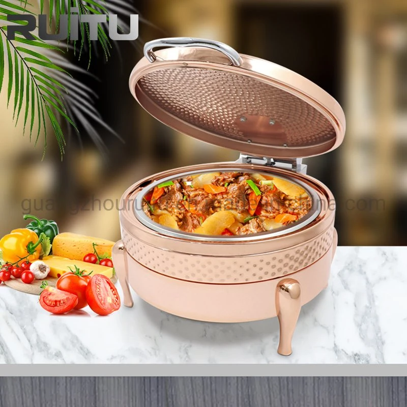 Hotel Kitchen Equipment Table Ware Rose Golden Plated Chaffing Dish Buffet Electric Heater Catering Stainless Steel Hand Hammer Chafing Dish Food Warmer