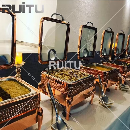Hotel Kitchen Equipment Table Ware Rose Golden Plated Chaffing Dish Buffet Electric Heater Catering Stainless Steel Hand Hammer Chafing Dish Food Warmer